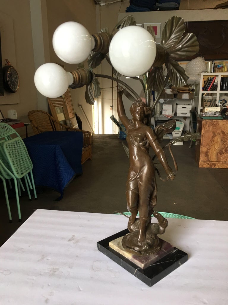 Early Three Bulb Art Nouveau Figural Bronze and Marble Table Lamp - 6