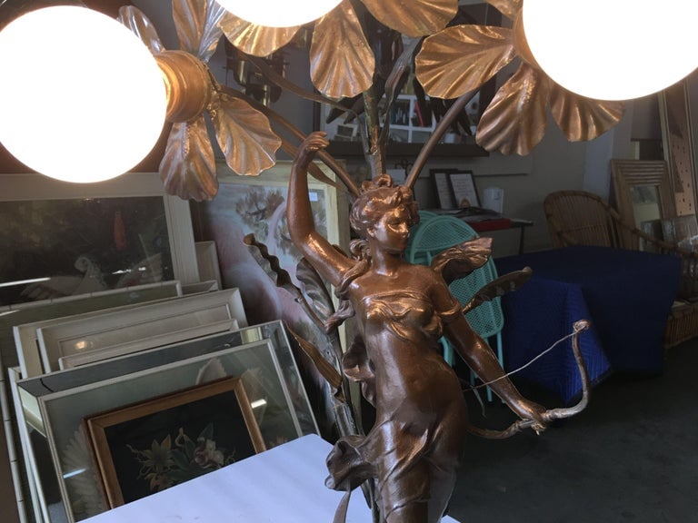 Early Three Bulb Art Nouveau Figural Bronze and Marble Table Lamp - 8