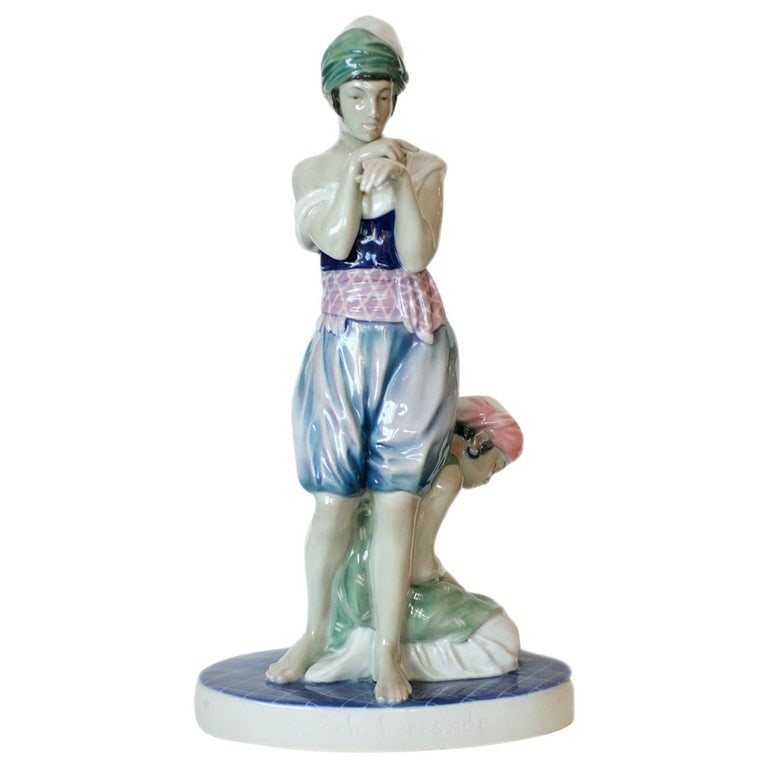 Scheherazade Porcelain Statue by Volkstedt: Porcelain statue of Scheherazade the legendary Persian queen and the storyteller of One Thousand and One Nights by Volkstedt porcelain in Thuringia, Germany. Reserve: $880.00 Shipping: Domestic: