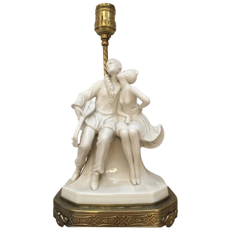 Porcelain Figural Harlequin Lamp with Brass Base, circa 1920 - 2