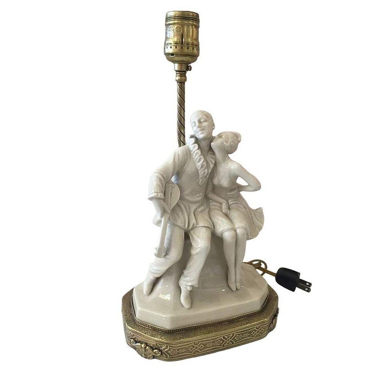 Porcelain Figural Harlequin Lamp with Brass Base, circa 1920 - 3