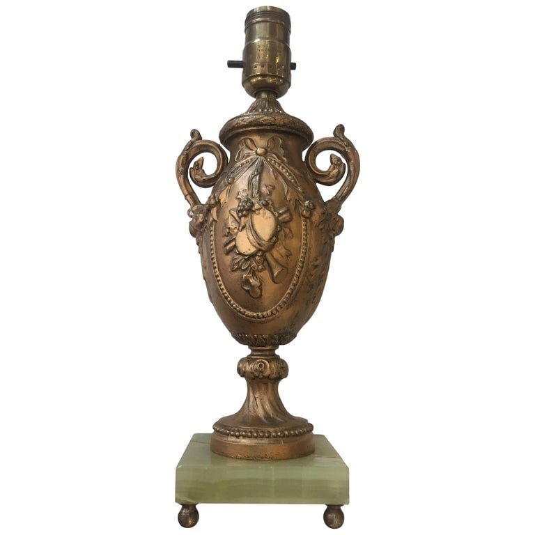 Hollywood Regency Style Goldtone Spelter Urn Table Lamp on Marble Base - 2