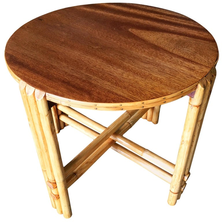 Restored Rattan Vertically Stacked Circular Drink Side Table with Mahogany Top - 2