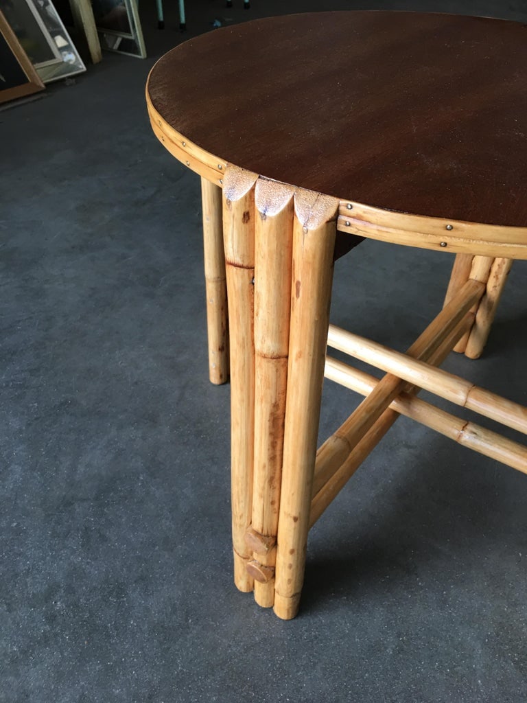 Restored Rattan Vertically Stacked Circular Drink Side Table with Mahogany Top - 3