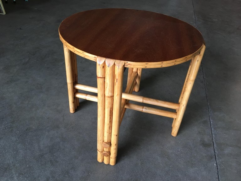 Restored Rattan Vertically Stacked Circular Drink Side Table with Mahogany Top - 5