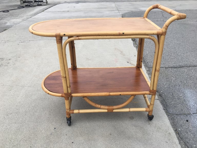 Two-Tier Rattan and Mahogany Tombstone Bar Cart - 10