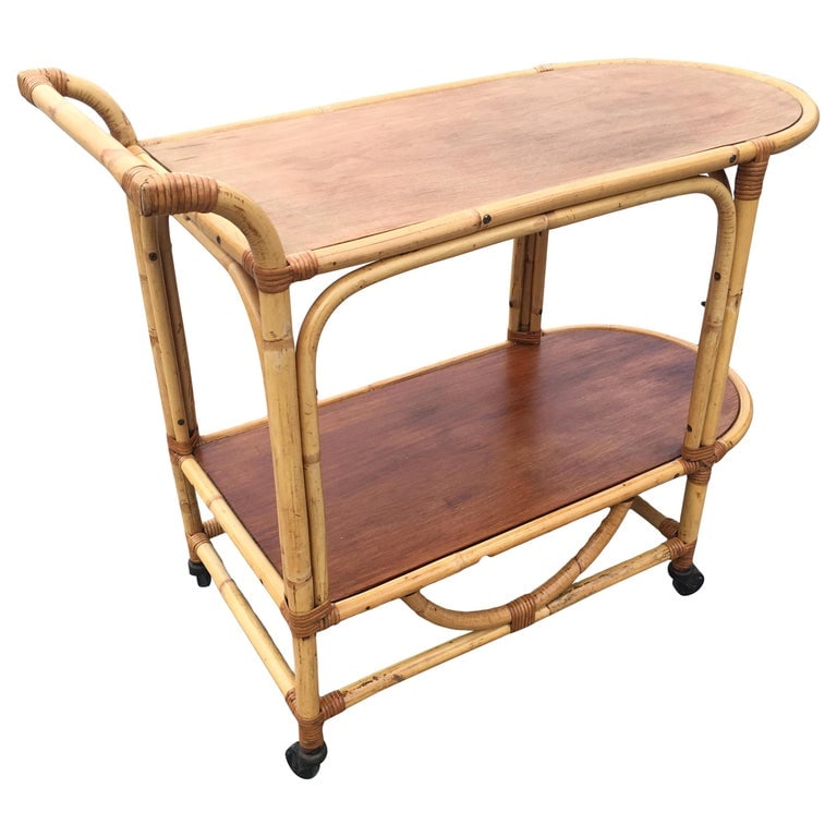 Two-Tier Rattan and Mahogany Tombstone Bar Cart - 2