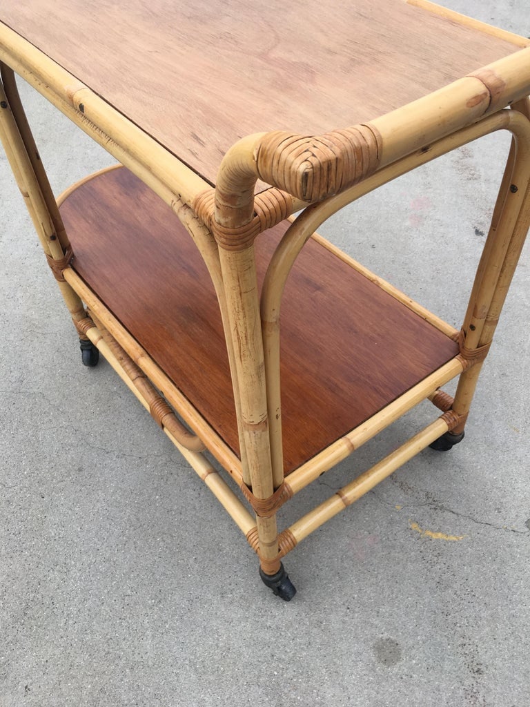Two-Tier Rattan and Mahogany Tombstone Bar Cart - 4