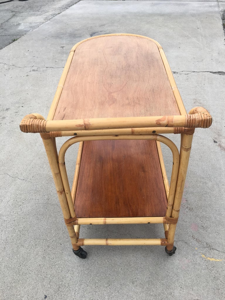 Two-Tier Rattan and Mahogany Tombstone Bar Cart - 5