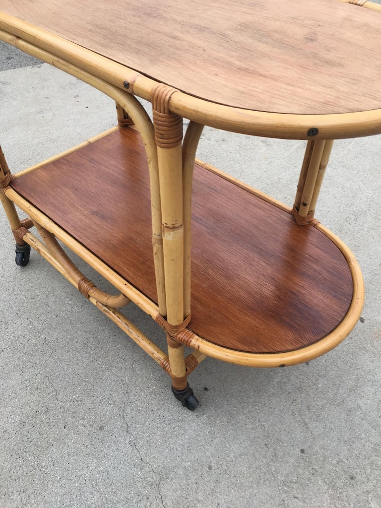 Two-Tier Rattan and Mahogany Tombstone Bar Cart - 7