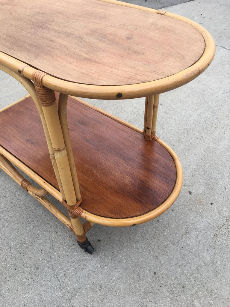 Two-Tier Rattan and Mahogany Tombstone Bar Cart - 8