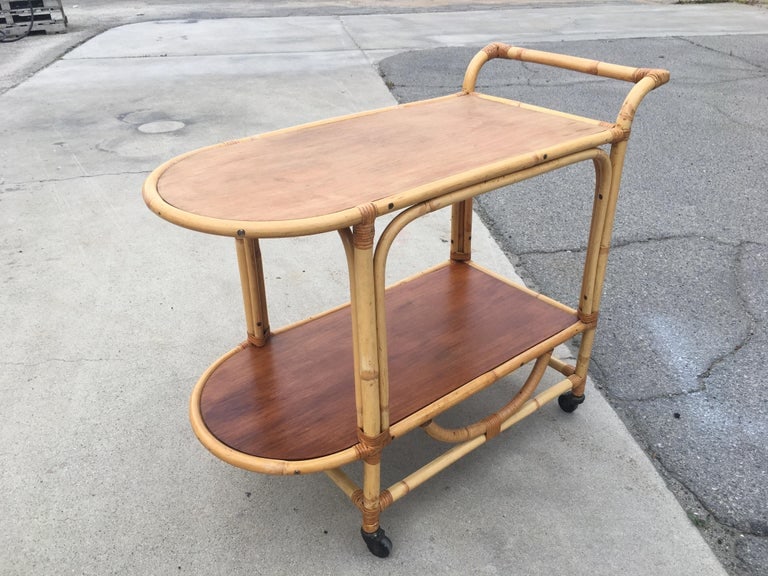 Two-Tier Rattan and Mahogany Tombstone Bar Cart - 9