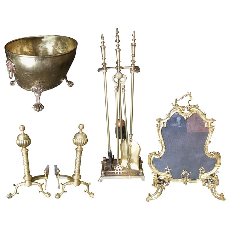 Art Nouveau Brass Fireplace Tool Set, Screen, Andiron, and Log Bucket Set - 2