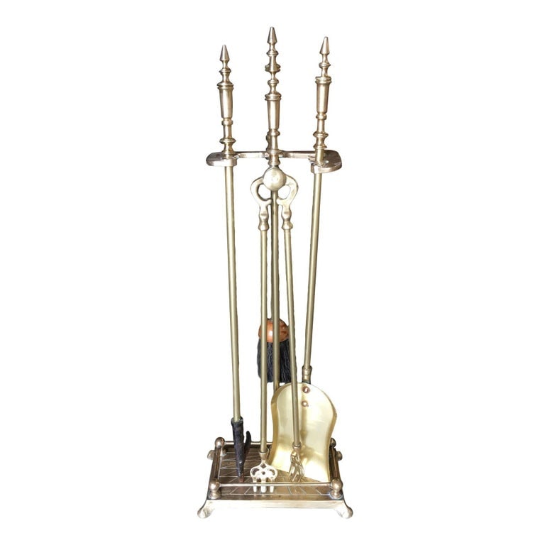 Art Nouveau Brass Fireplace Tool Set, Screen, Andiron, and Log Bucket Set - 7