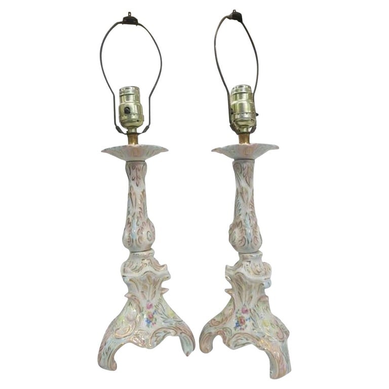 Mid-century Capodimonte Style Italian Ceramic Floral Table Lamp, Pair - 2