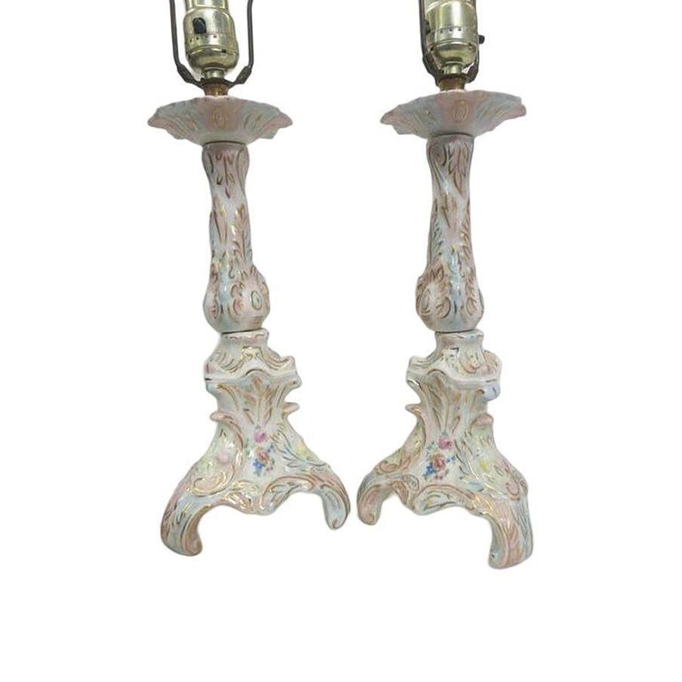 Mid-century Capodimonte Style Italian Ceramic Floral Table Lamp, Pair - 3
