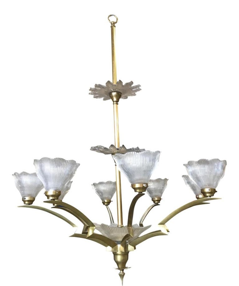 Bronze Modernist Lighting Bolt Chandelier with Holophane Glass Fixtures - 11