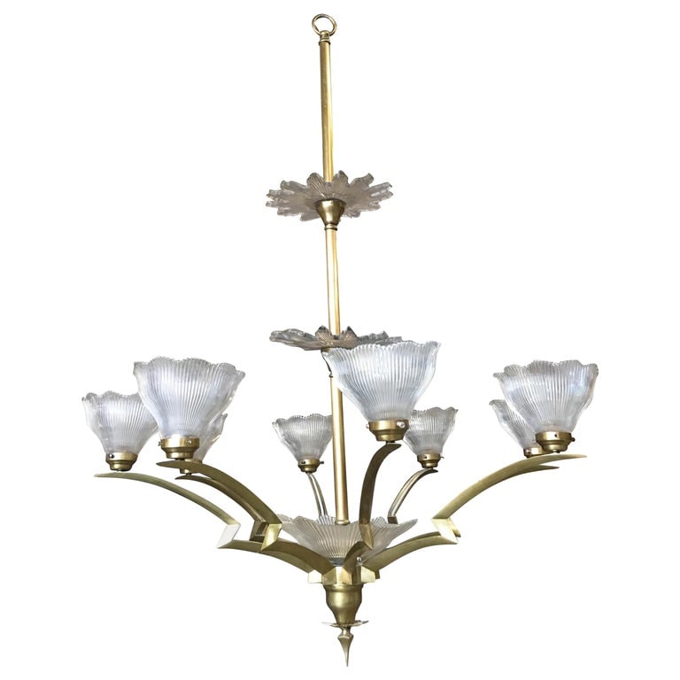 Bronze Modernist Lighting Bolt Chandelier with Holophane Glass Fixtures - 2