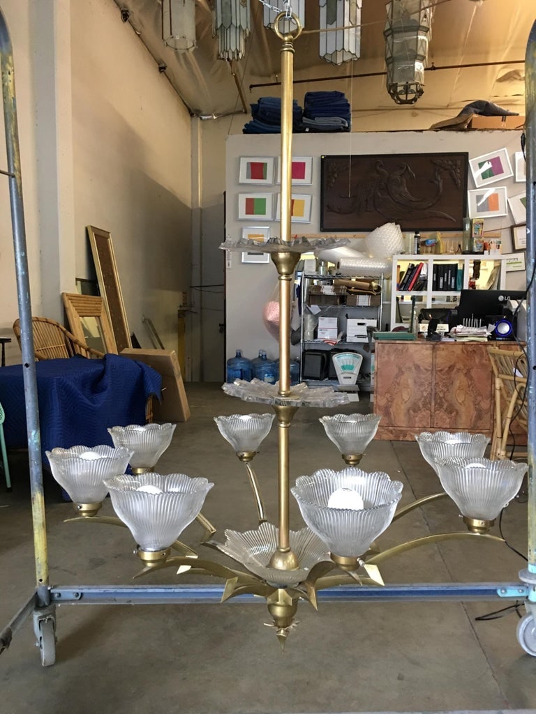 Bronze Modernist Lighting Bolt Chandelier with Holophane Glass Fixtures - 3