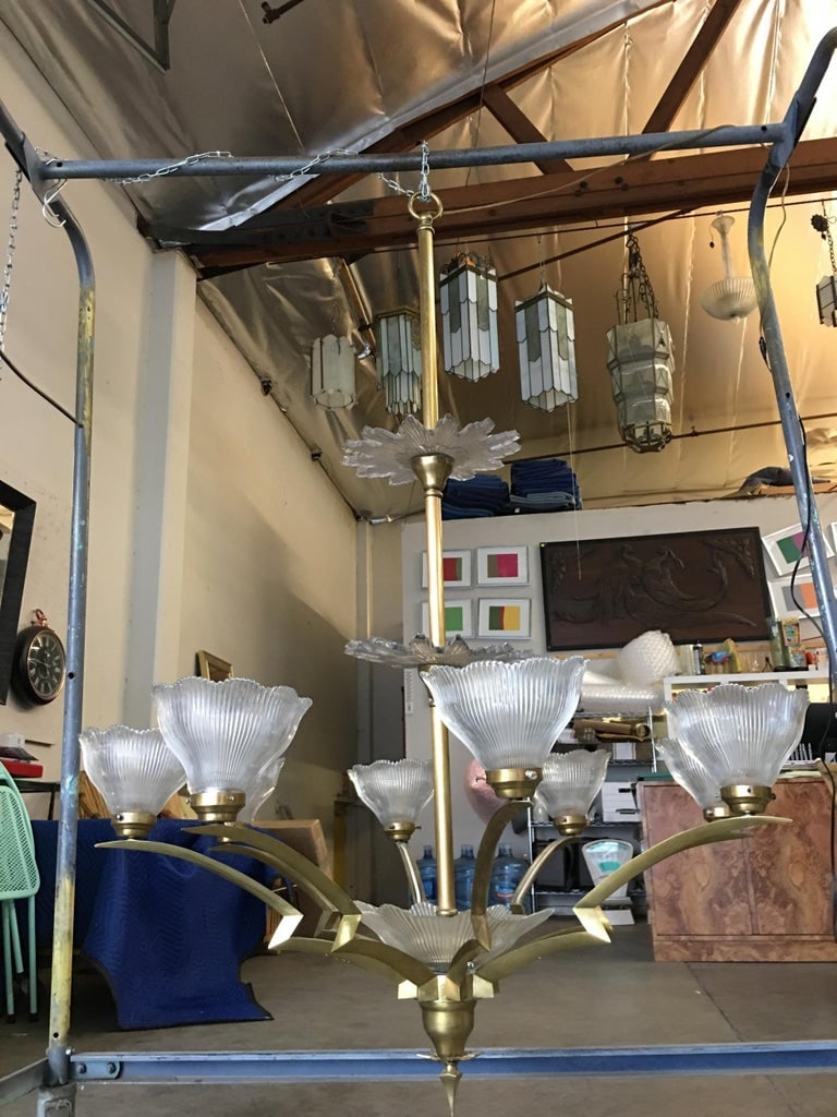 Bronze Modernist Lighting Bolt Chandelier with Holophane Glass Fixtures - 4