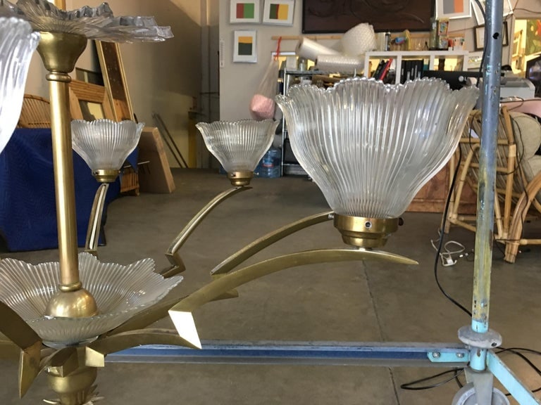 Bronze Modernist Lighting Bolt Chandelier with Holophane Glass Fixtures - 7