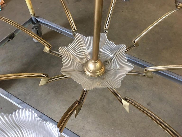 Bronze Modernist Lighting Bolt Chandelier with Holophane Glass Fixtures - 9