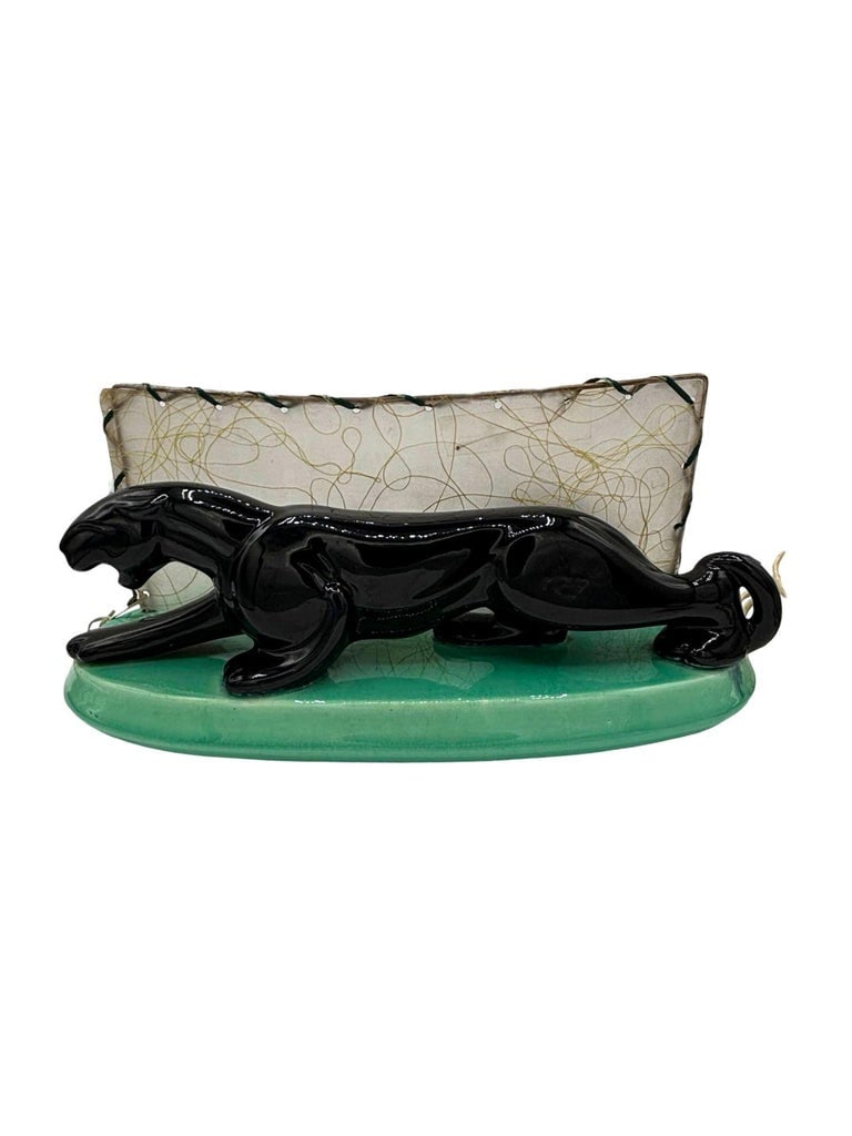 Midcentury Black Panther Ceramic Statue Lamp w/ Whipple Stitch Fiberglass Shade - 3