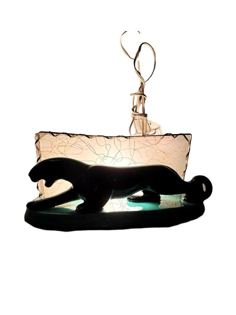 Midcentury Black Panther Ceramic Statue Lamp w/ Whipple Stitch Fiberglass Shade - 7