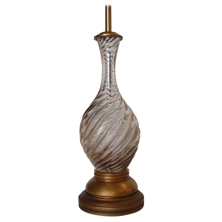 Italian Pink Metalic Swirled Murano Glass Table Lamp on Gold Wood Base - 2