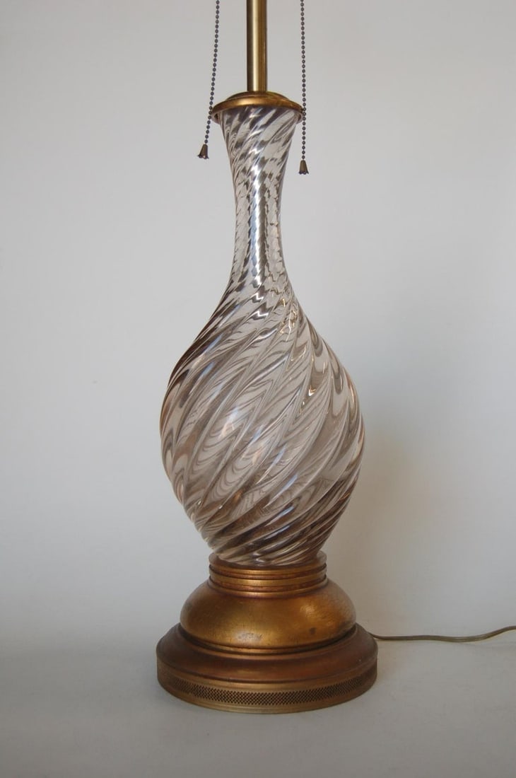 Italian Pink Metalic Swirled Murano Glass Table Lamp on Gold Wood Base - 4