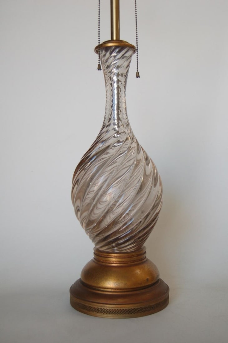 Italian Pink Metalic Swirled Murano Glass Table Lamp on Gold Wood Base - 6