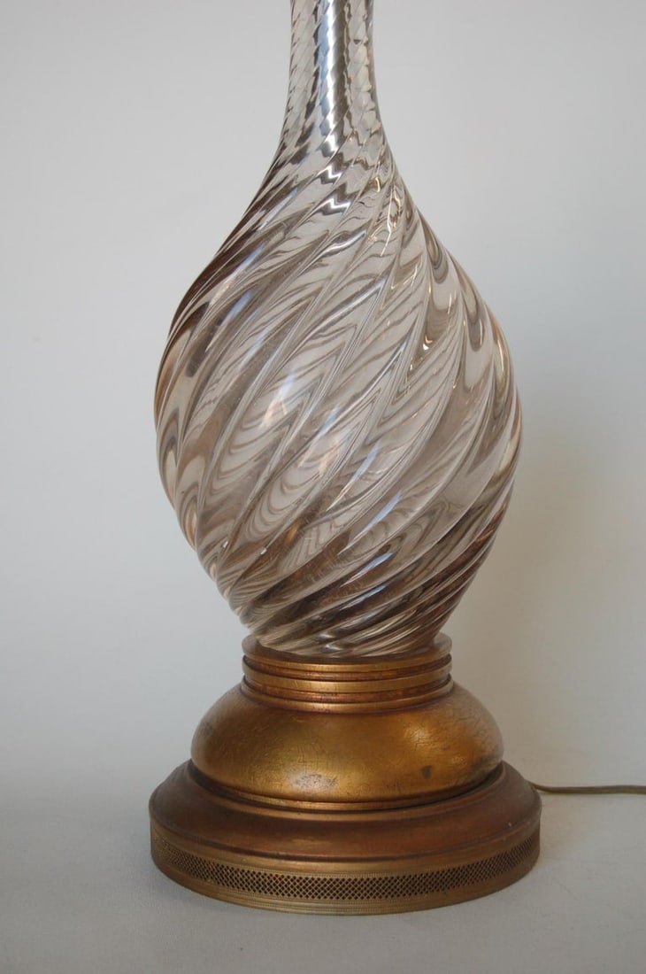 Italian Pink Metalic Swirled Murano Glass Table Lamp on Gold Wood Base - 7