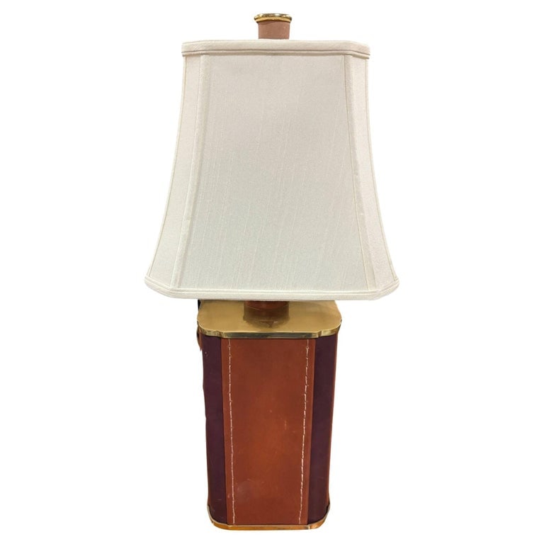 Two-Toned Square Leather Wrapped Table Lamp with Gold Trim - 2
