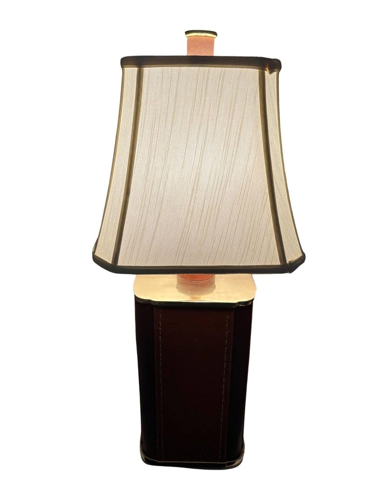 Two-Toned Square Leather Wrapped Table Lamp with Gold Trim - 3