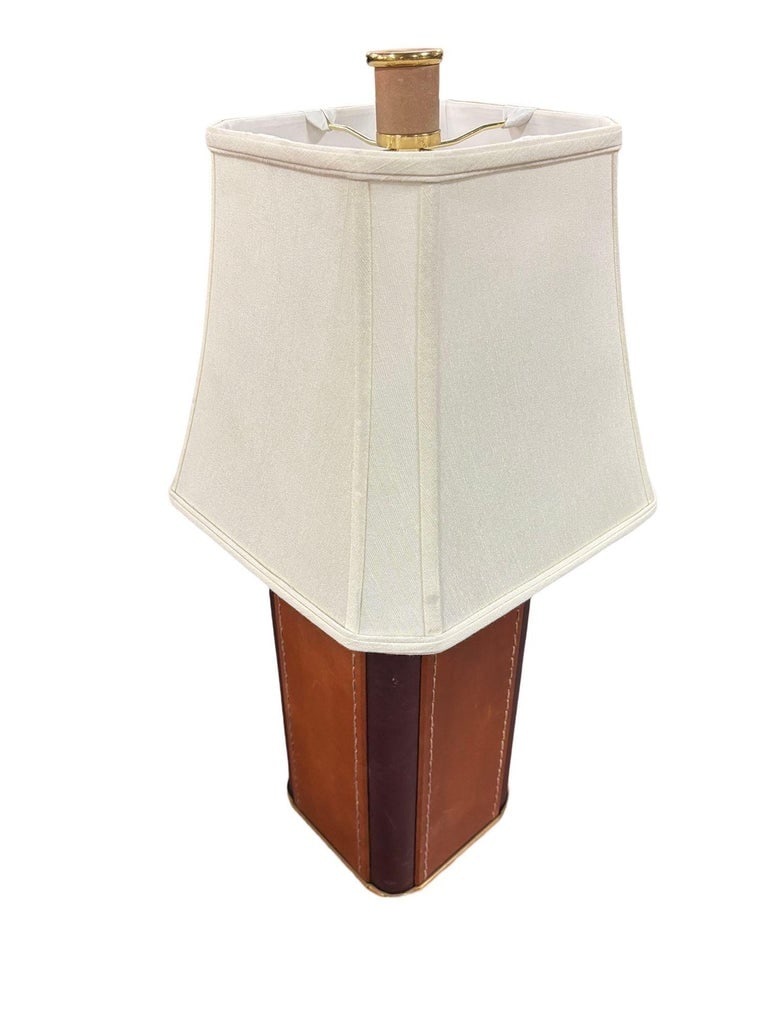 Two-Toned Square Leather Wrapped Table Lamp with Gold Trim - 4