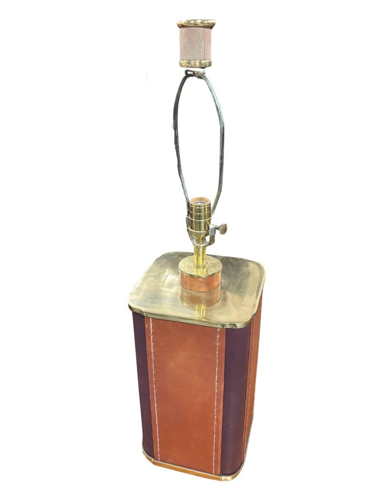 Two-Toned Square Leather Wrapped Table Lamp with Gold Trim - 6