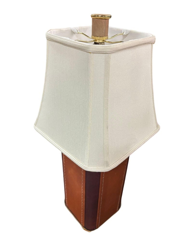 Two-Toned Square Leather Wrapped Table Lamp with Gold Trim - 7