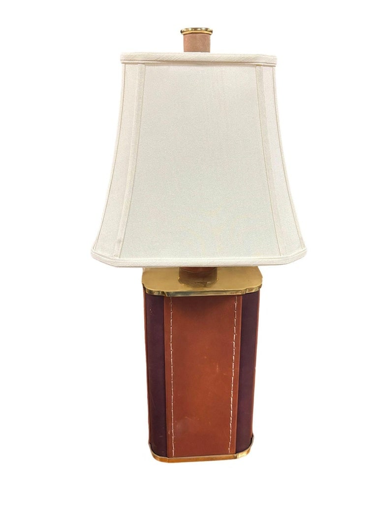Two-Toned Square Leather Wrapped Table Lamp with Gold Trim - 8