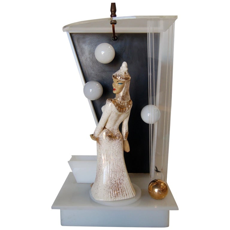 Lucite Table Lamp by Moss Lighting with Ceramic Figurine by Hedi Schoop - 2