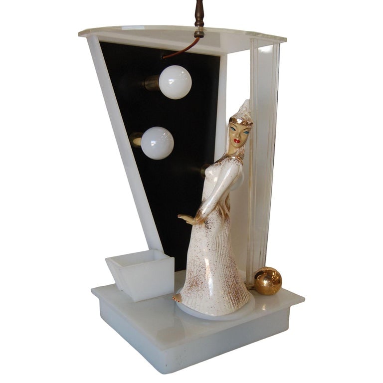 Lucite Table Lamp by Moss Lighting with Ceramic Figurine by Hedi Schoop - 3