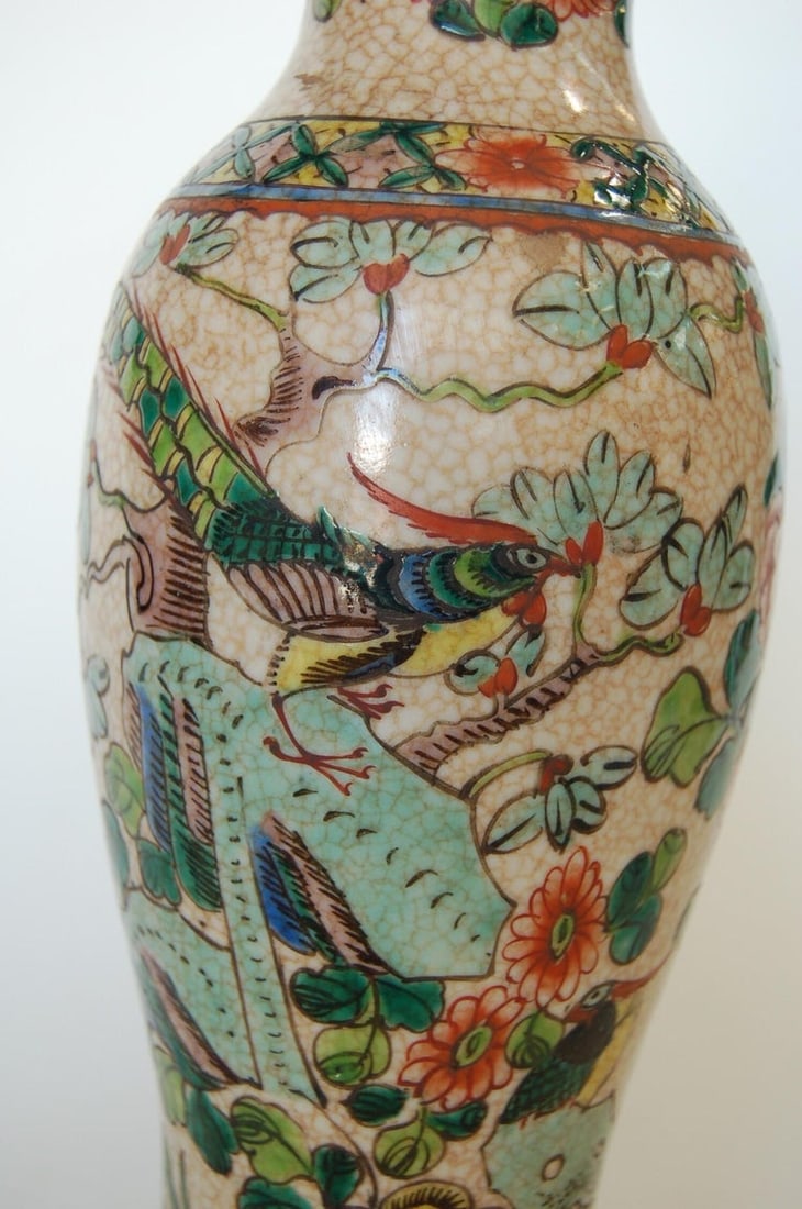 Post War Hand Painted Asian Floral Ceramic Table Lamp - 4