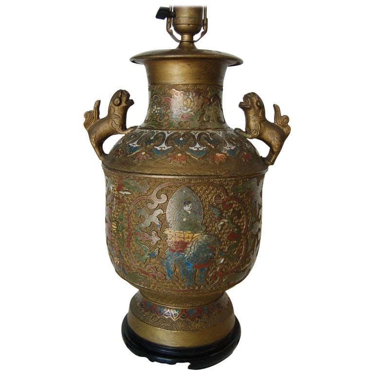 Bronze Chinese Cloisonne Table Lamp with Foo Guard Dogs (1 of 8)