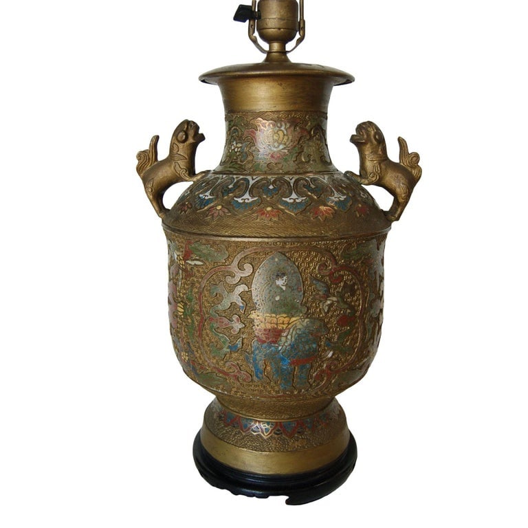 Bronze Chinese Cloisonne Table Lamp with Foo Guard Dogs - 3