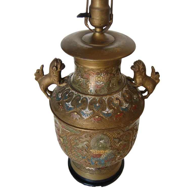 Bronze Chinese Cloisonne Table Lamp with Foo Guard Dogs - 4