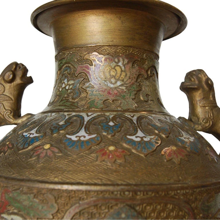 Bronze Chinese Cloisonne Table Lamp with Foo Guard Dogs - 5