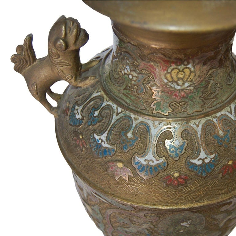 Bronze Chinese Cloisonne Table Lamp with Foo Guard Dogs - 7