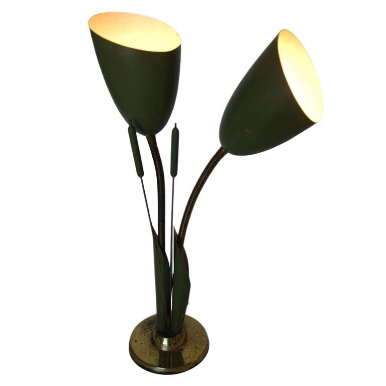 Midcentury Green Enamel Brass Gooseneck Calla Lily Desk Table Lamp - 2