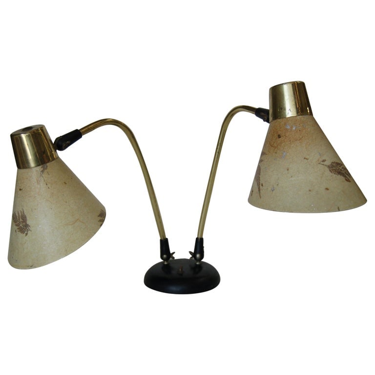 Double Gooseneck Brass Desk Table Lamp with Pressed Floral Fiberglass (1 of 9)
