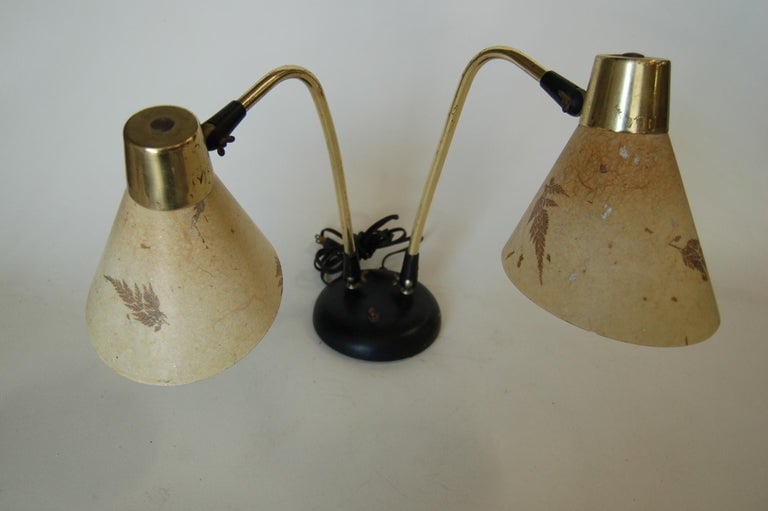 Double Gooseneck Brass Desk Table Lamp with Pressed Floral Fiberglass - 3