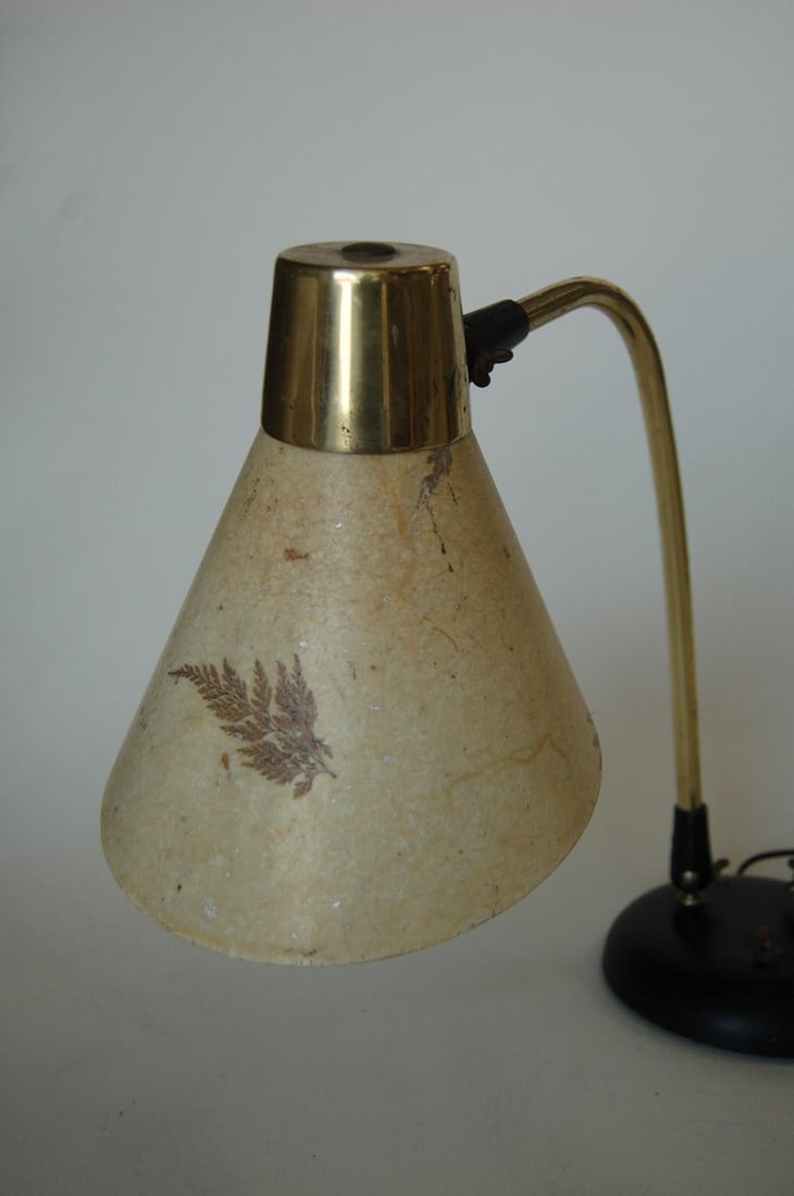Double Gooseneck Brass Desk Table Lamp with Pressed Floral Fiberglass - 4